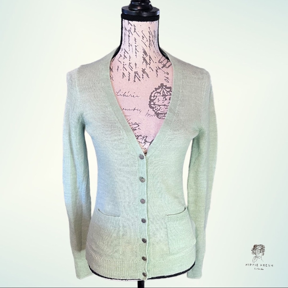 J. Crew Sherbet Green Alpaca Merino Wool Bling Button Cardigan Sweater Size XS